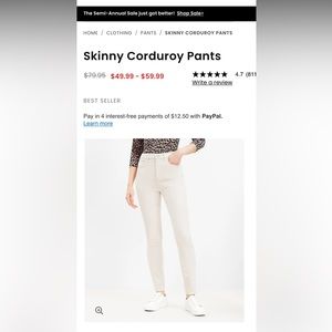 Ann Taylor LOFT Curvy Skinny corduroy cream white pants
